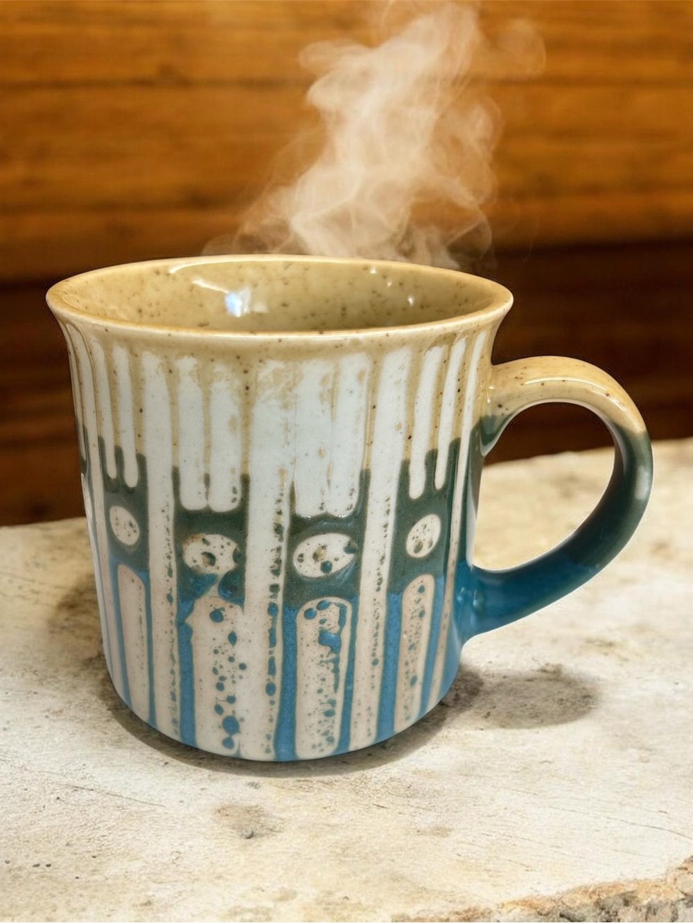 Vintage Stoneware Ceramic Teal and Cream Mug Drip Glaze Design